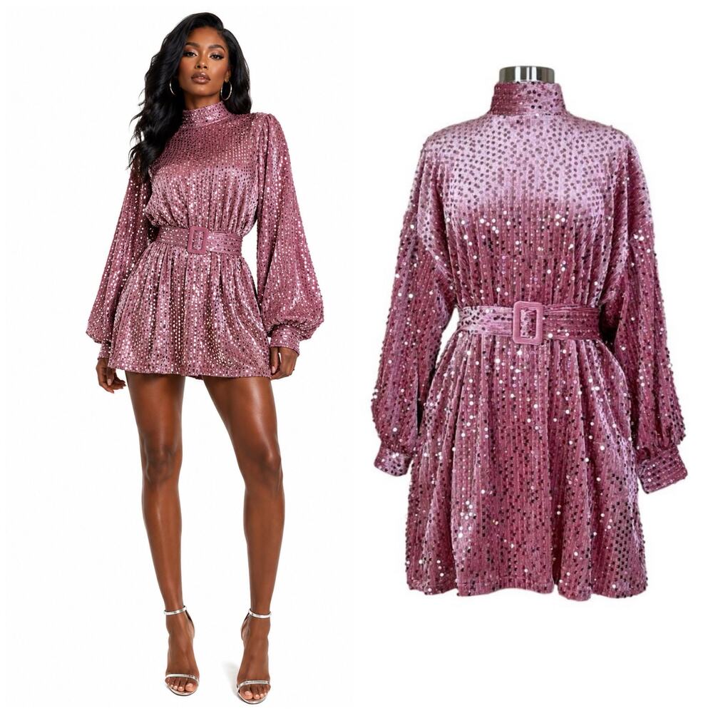 Nichole Lynel | Sequin Pink Velvet Belted Balloon Sleeve High Neck Mini Dress M